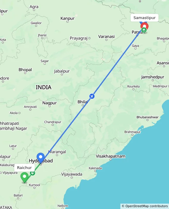 Route map showing distance and travel time from Raichur, India to Samastipur, India