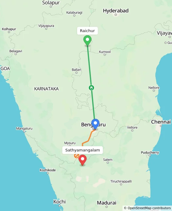 Route map showing distance and travel time from Raichur, India to Sathyamangalam, India