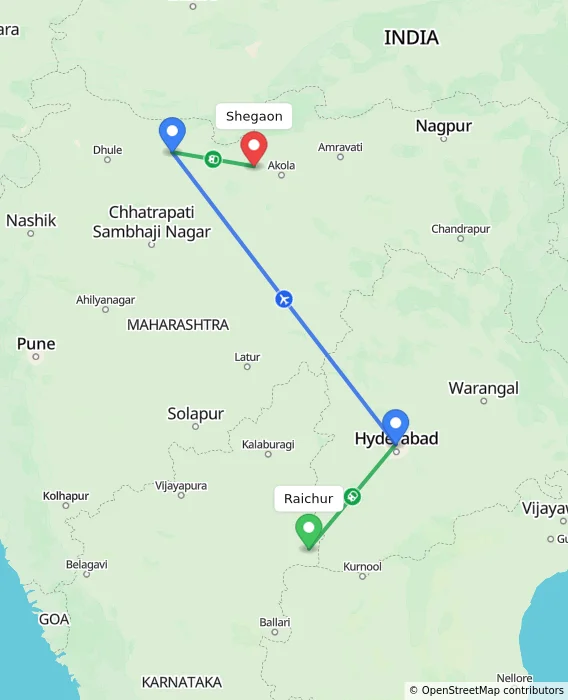 Route map showing distance and travel time from Raichur, India to Shegaon, India
