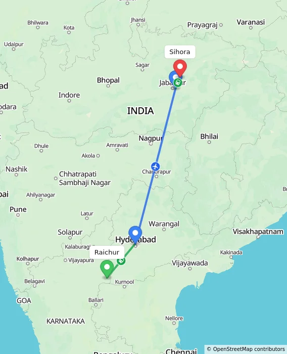 Route map showing distance and travel time from Raichur, India to Sihora, India