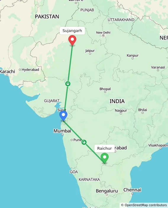 Route map showing distance and travel time from Raichur, India to Sujangarh, India