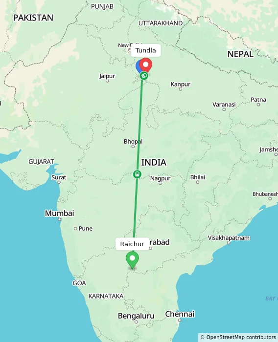 Route map showing distance and travel time from Raichur, India to Tundla, India