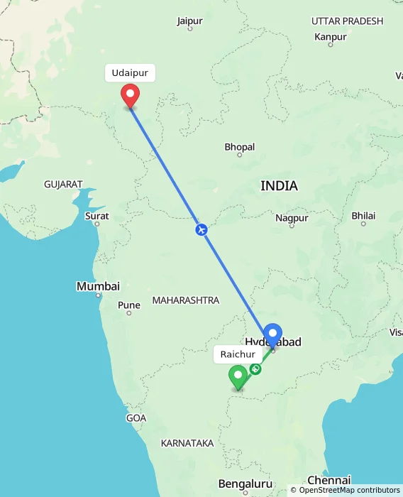 Route map showing distance and travel time from Raichur, India to Udaipur, India