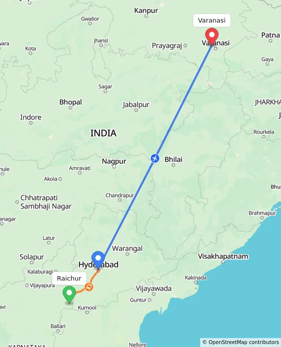 Route map showing distance and travel time from Raichur, India to Varanasi, India