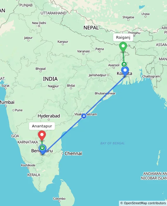 Route map showing distance and travel time from Raiganj, India to Anantapur, India