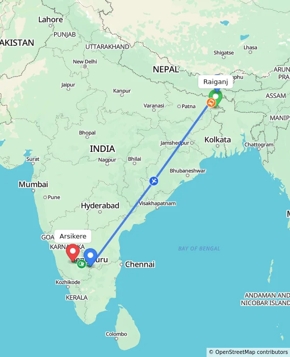 Route map showing distance and travel time from Raiganj, India to Arsikere, India