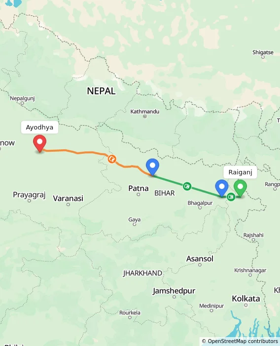 Route map showing distance and travel time from Raiganj, India to Ayodhya, India