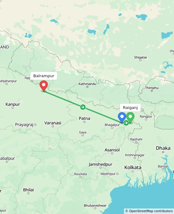 Route map showing distance and travel time from Raiganj, India to Balrampur, India