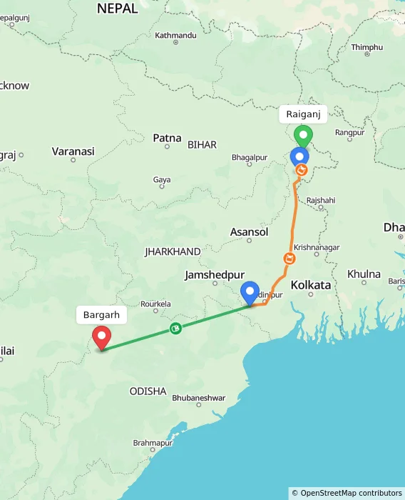 Route map showing distance and travel time from Raiganj, India to Bargarh, India