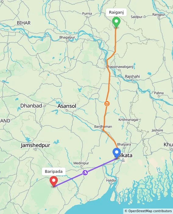 Route map showing distance and travel time from Raiganj, India to Baripada, India