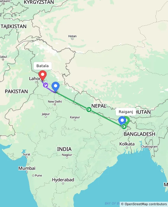 Route map showing distance and travel time from Raiganj, India to Batala, India