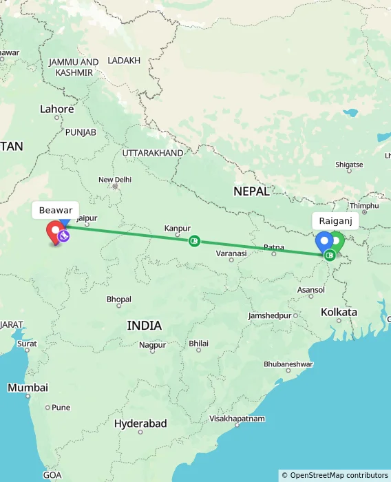 Route map showing distance and travel time from Raiganj, India to Beawar, India