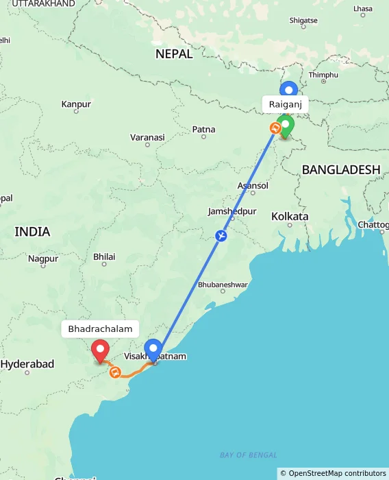 Route map showing distance and travel time from Raiganj, India to Bhadrachalam, India