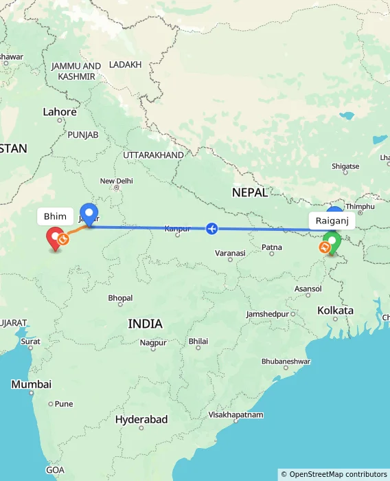 Route map showing distance and travel time from Raiganj, India to Bhim, India