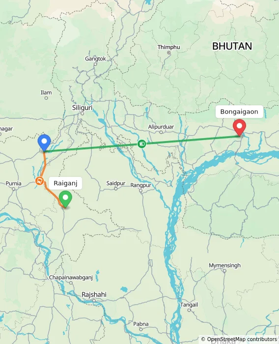 Route map showing distance and travel time from Raiganj, India to Bongaigaon, India