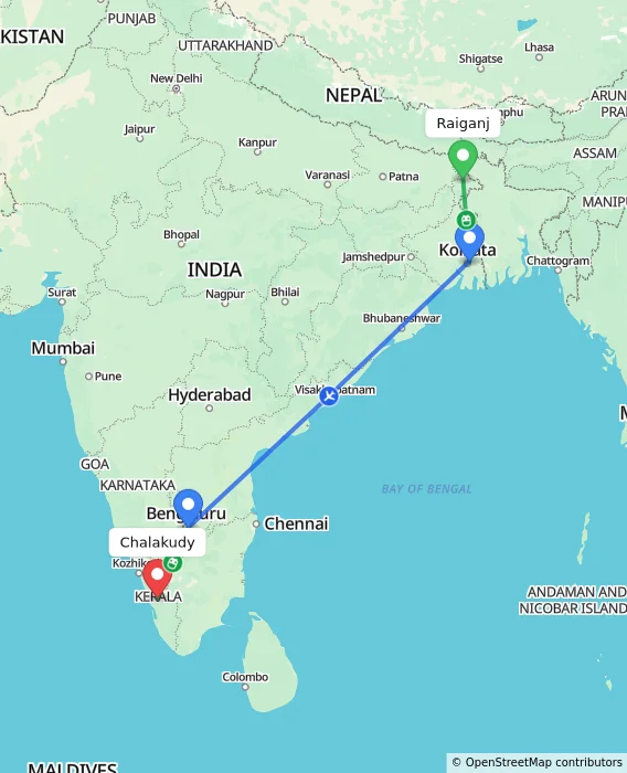 Route map showing distance and travel time from Raiganj, India to Chalakudy, India