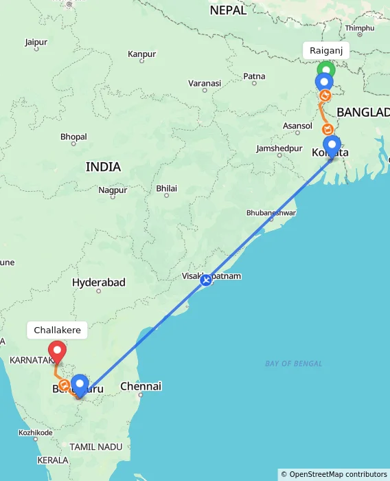 Route map showing distance and travel time from Raiganj, India to Challakere, India