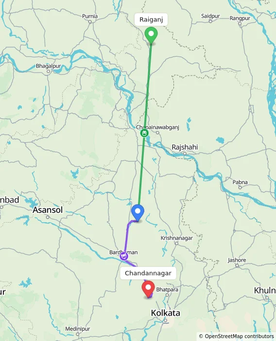 Route map showing distance and travel time from Raiganj, India to Chandannagar, India