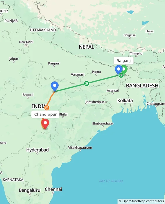 Route map showing distance and travel time from Raiganj, India to Chandrapur, India