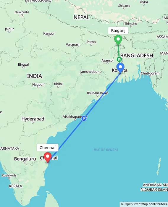 Route map showing distance and travel time from Raiganj, India to Chennai, India