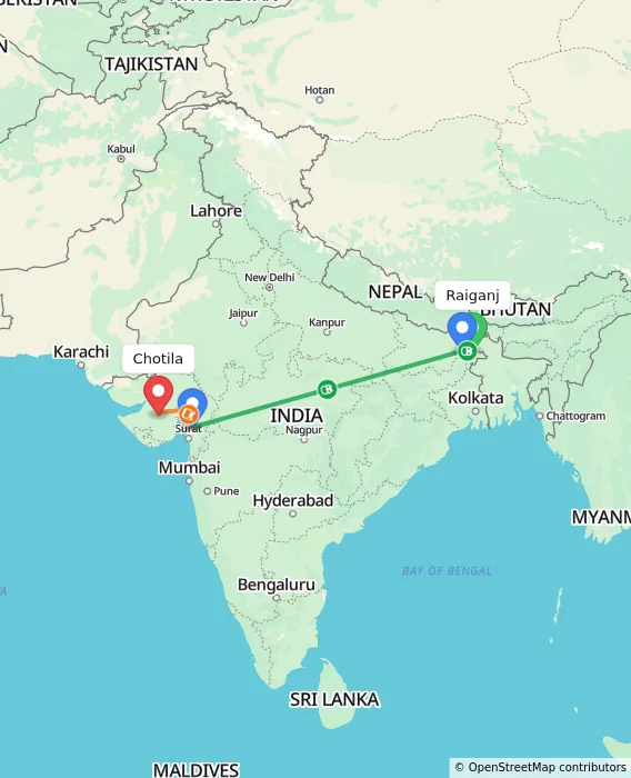 Route map showing distance and travel time from Raiganj, India to Chotila, India