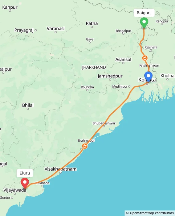 Route map showing distance and travel time from Raiganj, India to Eluru, India