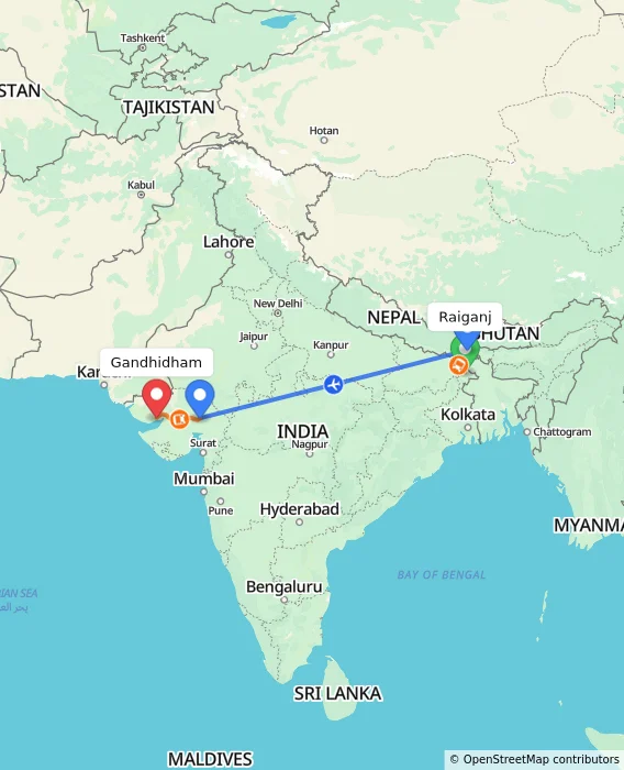Route map showing distance and travel time from Raiganj, India to Gandhidham, India