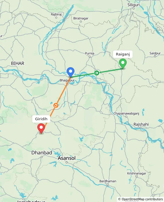 Route map showing distance and travel time from Raiganj, India to Giridih, India