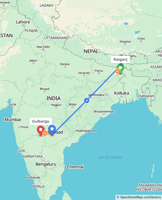 Route map showing distance and travel time from Raiganj, India to Gulbarga, India