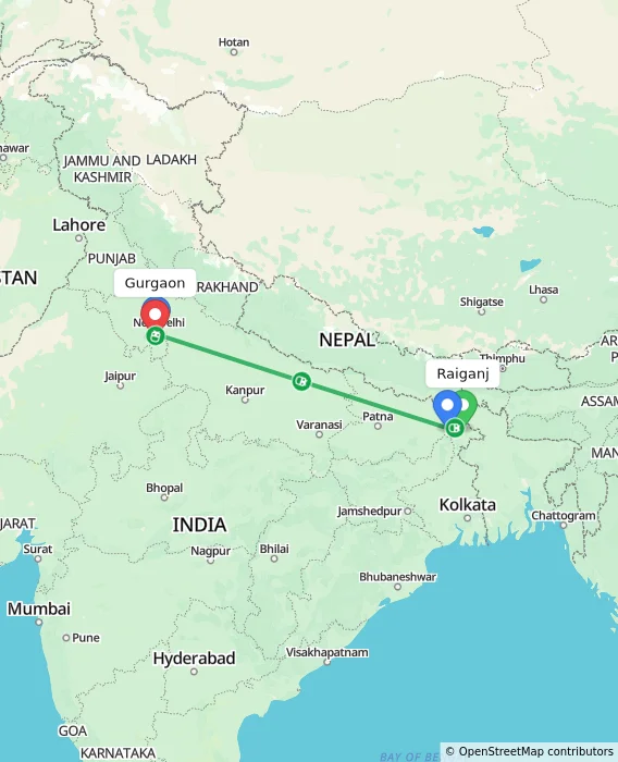 Route map showing distance and travel time from Raiganj, India to Gurgaon, India