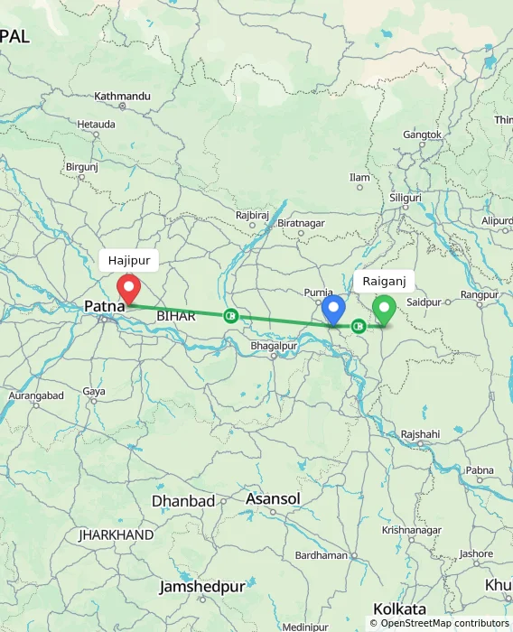 Route map showing distance and travel time from Raiganj, India to Hajipur, India