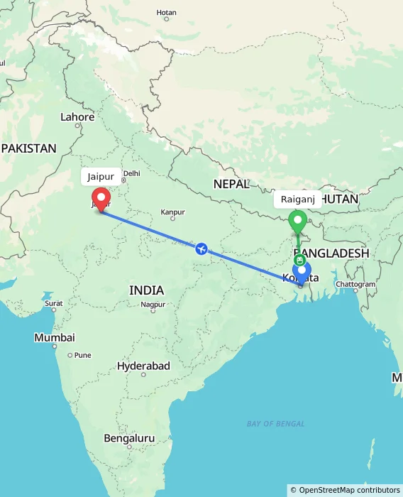 Route map showing distance and travel time from Raiganj, India to Jaipur, India