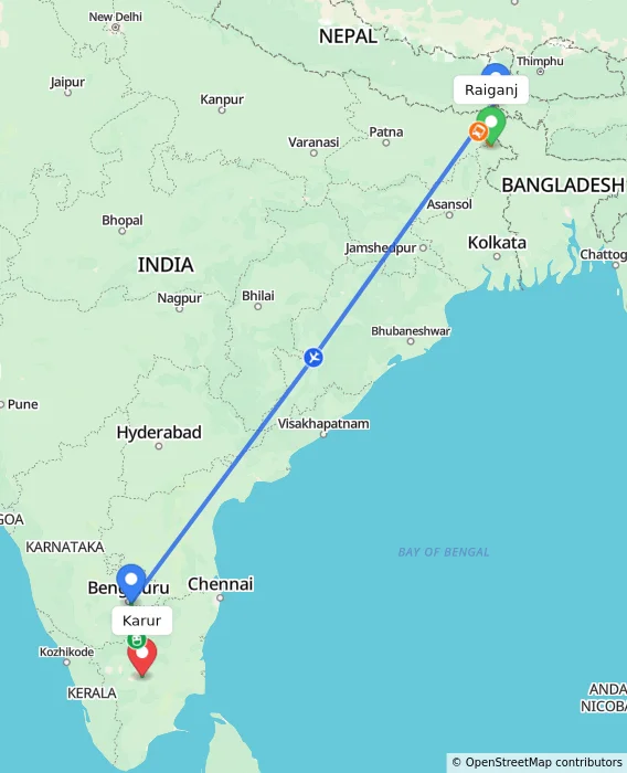 Route map showing distance and travel time from Raiganj, India to Karur, India