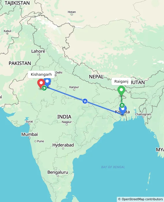 Route map showing distance and travel time from Raiganj, India to Kishangarh, India