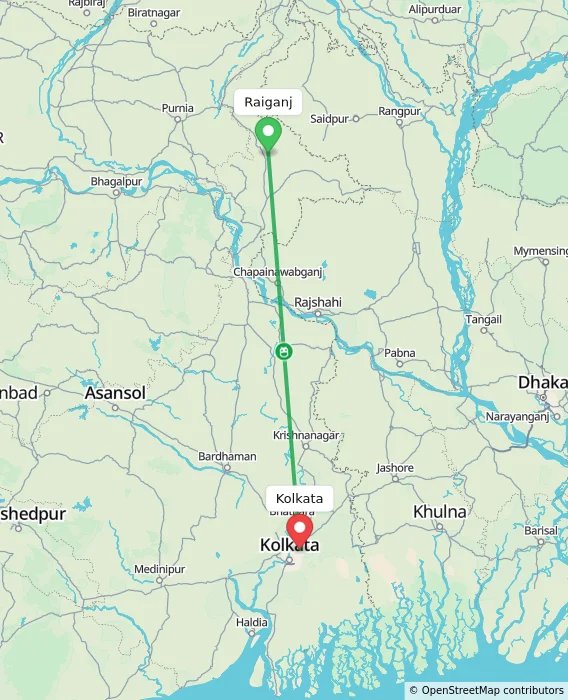 Route map showing distance and travel time from Raiganj, India to Kolkata, India