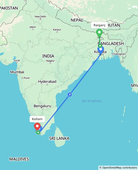 Route map showing distance and travel time from Raiganj, India to Kollam, India