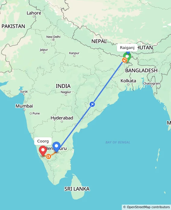 Route map showing distance and travel time from Raiganj, India to Madikeri, India