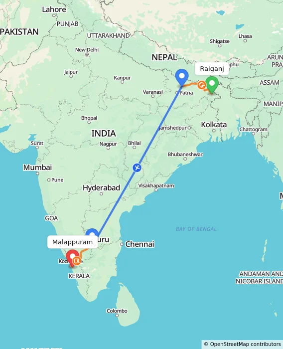 Route map showing distance and travel time from Raiganj, India to Malappuram, India