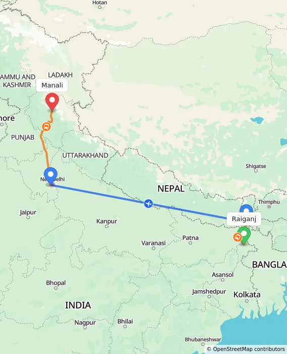 Route map showing distance and travel time from Raiganj, India to Manali, India