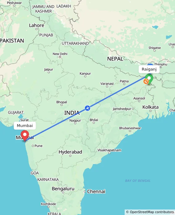 Route map showing distance and travel time from Raiganj, India to Mumbai, India