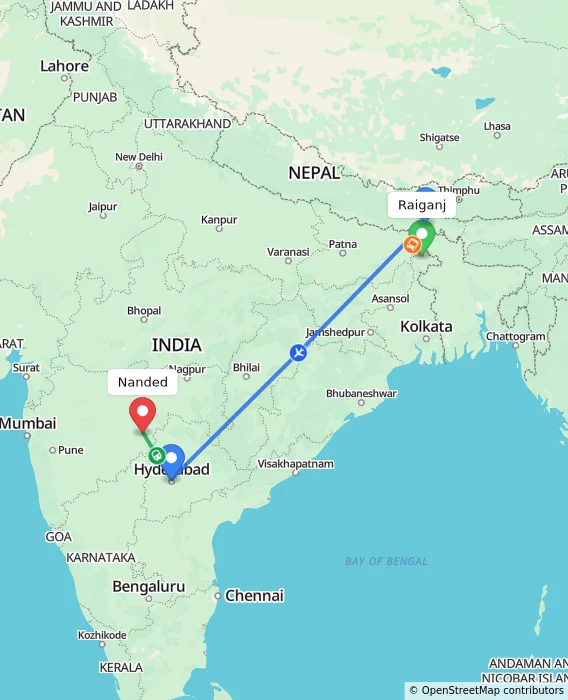 Route map showing distance and travel time from Raiganj, India to Nanded, India
