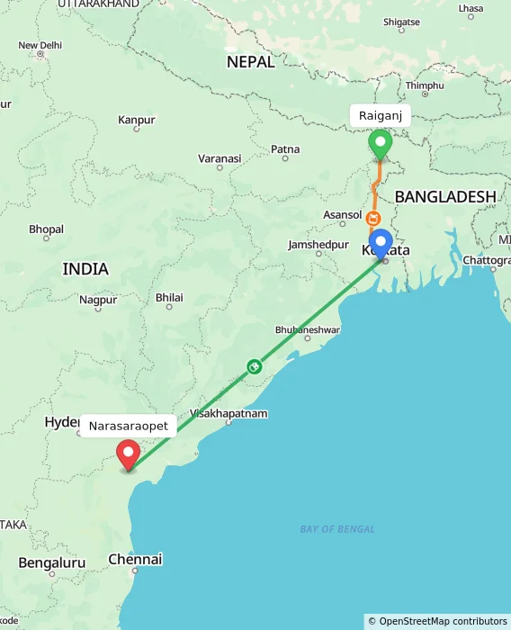Route map showing distance and travel time from Raiganj, India to Narasaraopet, India