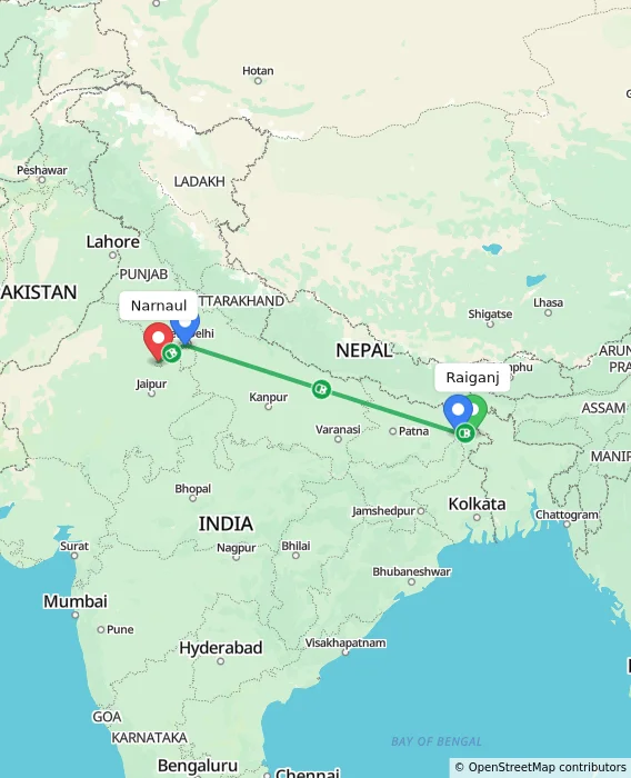 Route map showing distance and travel time from Raiganj, India to Narnaul, India