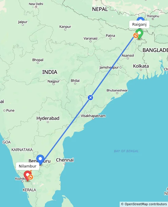 Route map showing distance and travel time from Raiganj, India to Nilambur, India