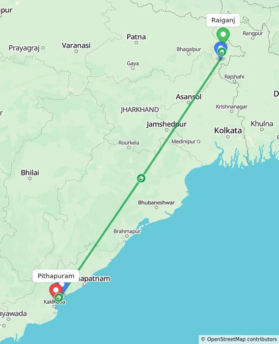 Route map showing distance and travel time from Raiganj, India to Pithapuram, India