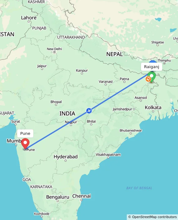 Route map showing distance and travel time from Raiganj, India to Pune, India