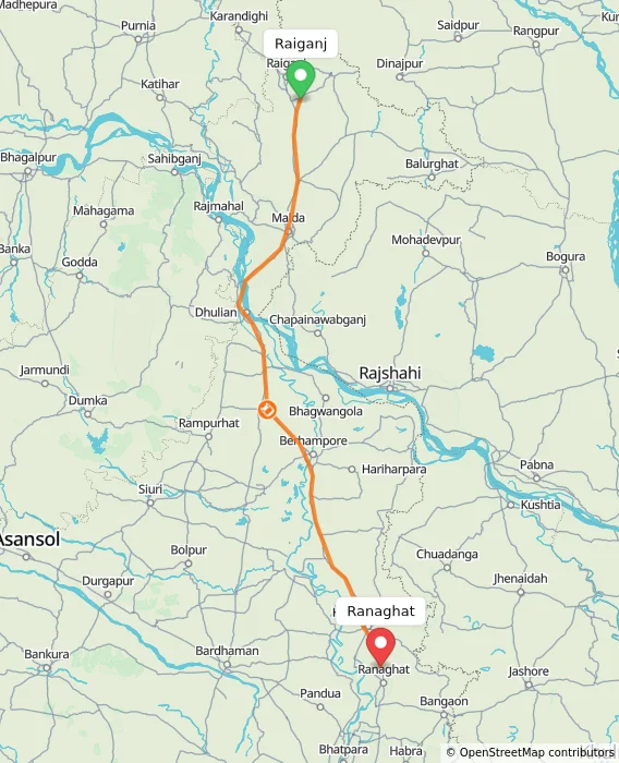 Route map showing distance and travel time from Raiganj, India to Ranaghat, India