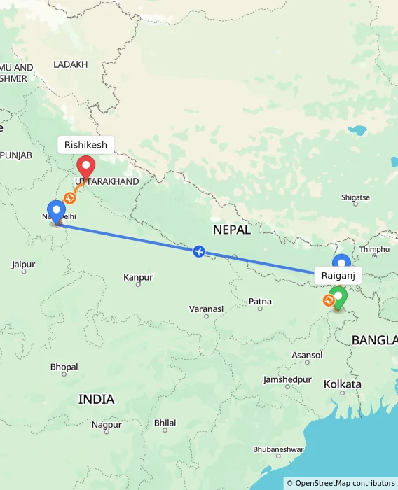 Route map showing distance and travel time from Raiganj, India to Rishikesh, India