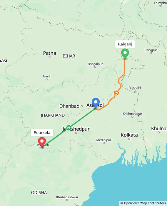 Route map showing distance and travel time from Raiganj, India to Rourkela, India