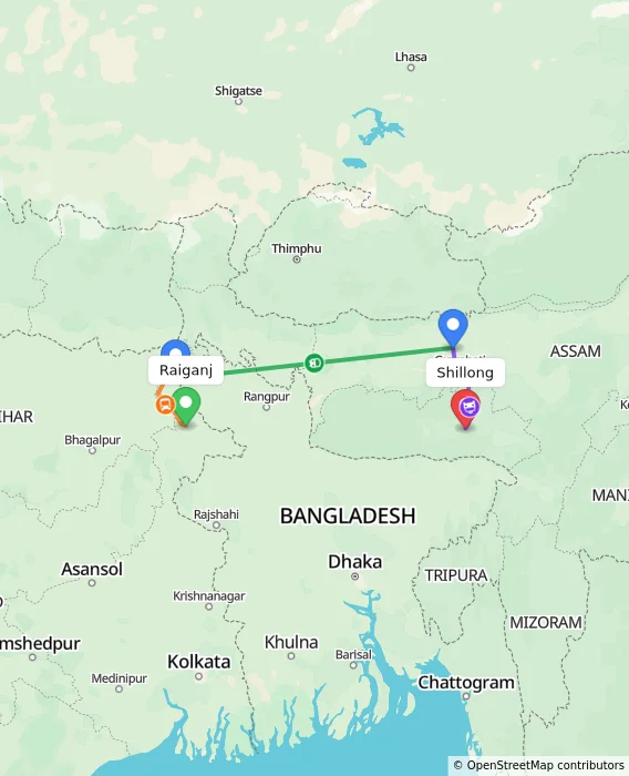 Route map showing distance and travel time from Raiganj, India to Shillong, India